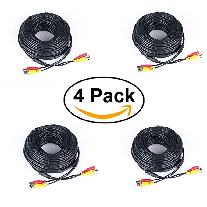 Pack of 4x 100ft Black Premade BNC Video Power Cable / Wire For Security Camera, CCTV, DVR, Surveillance System, Plug & Play (Black, 100ft)