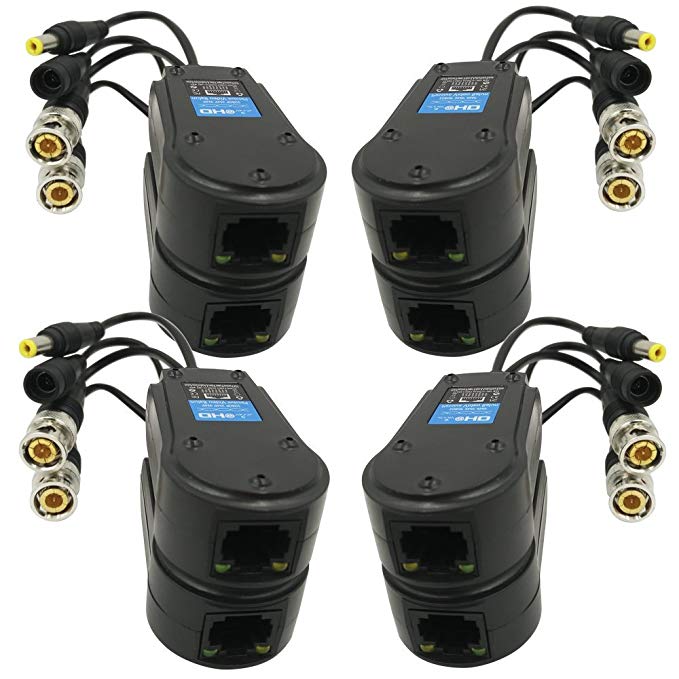 AimHD 4 Pair Passive Video/Power Balun Upgraded 1080P 3MP 4MP Network Transceiver with RJ45 Connector Cat5/Cat6 Cable to BNC Male Adapter for Full HD Security Surveillance Camera System- 8Pack