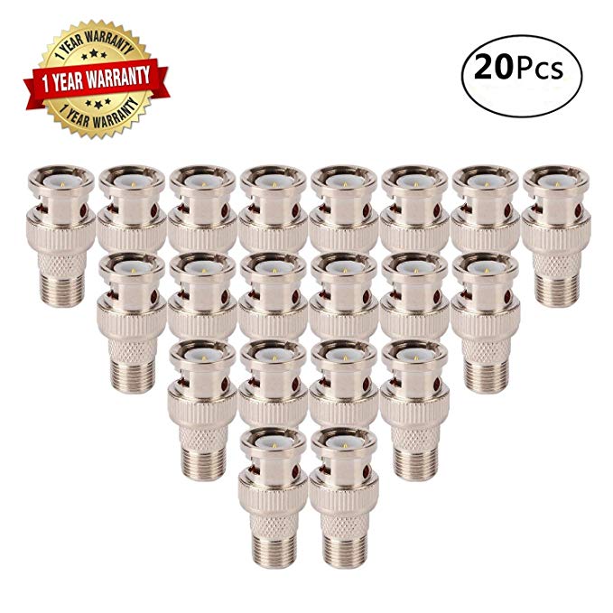 20Pcs F Female to BNC Male Connector,50Ohm Coax Straight Adapter Nickel-Plated Video RF Plug/Extension Converter for CCTV Security Camera Antenna System, RG59,RG60 Coaxial Cable,Headend Applications