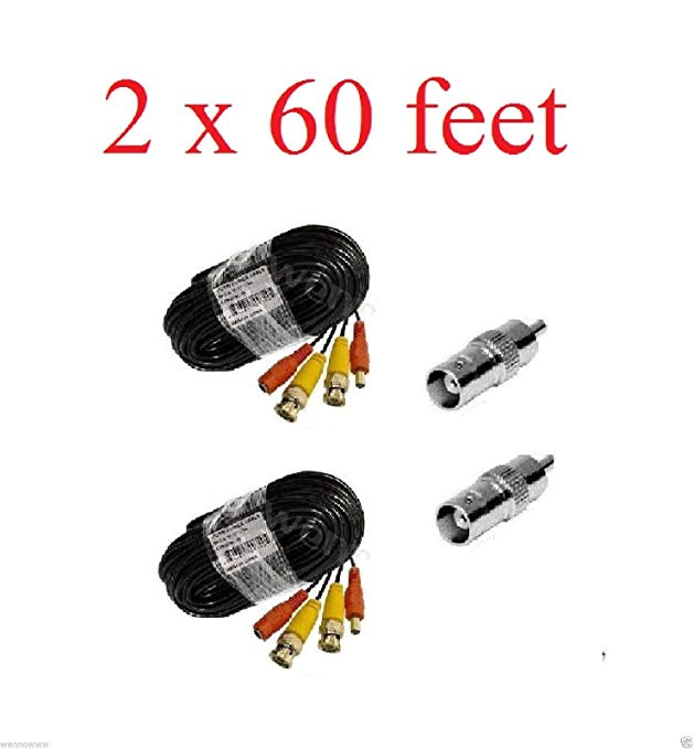 Wennow Black - 2 Pcs 18m/60ft length Plug-and-Play BNC Male to Video Power Cable