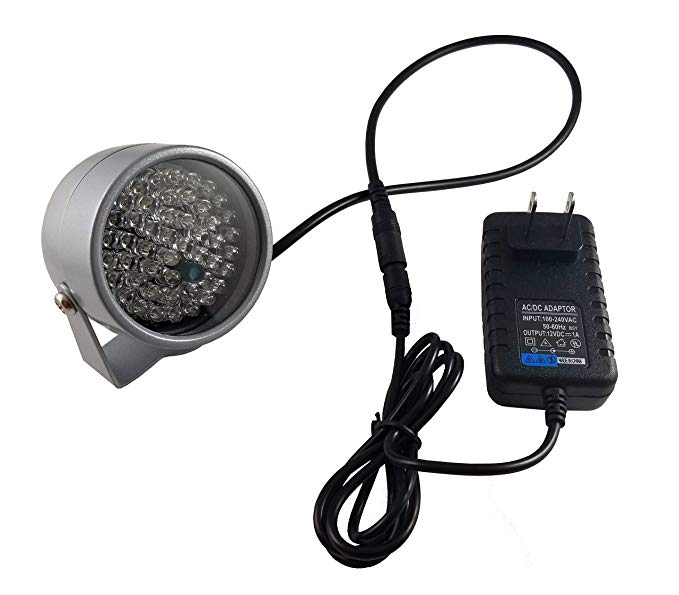 IR illuminator (48 infrared LED lights, 100 ft. distance, 60 degree angle & waterproof) for security cameras. Includes power adapter