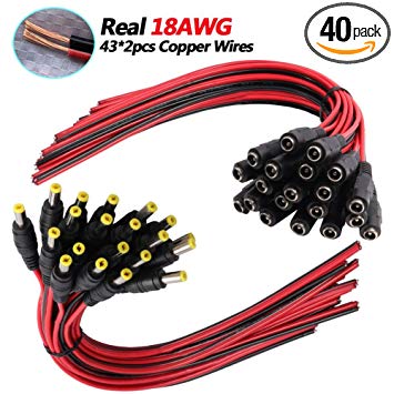 [Real 18AWG 43x2pcs Wires] 20 Pairs DC Power Pigtail Cable, 12V 5A Male & Female Connectors for CCTV Security Camera and Lighting Power Adapter by MILAPEAK (2.1mm x 5.5 mm, Ultra Thick 18AWG)