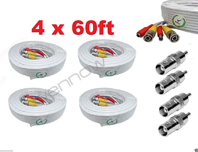 Wennow Premium Quality 4x60Ft Video and Power Cable for Q-See CCTV Security Cameras white color