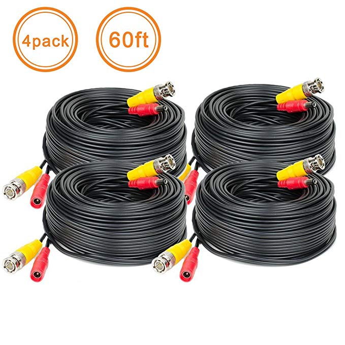 Rraycom 4PACK 60ft Pre-made All-in-One BNC Video and Power Cable Wire Cord for CCTV Security Camera System