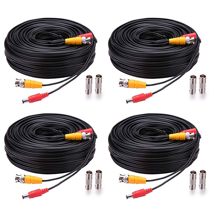 CANAVIS BNC Cable 4 PACK 59ft Pre-Made Al-in-One Video Power Cable with BNC Extension Wire Cord with 8pcs BNC to RCA Connetors for HD CCTV DVR Surveillance System