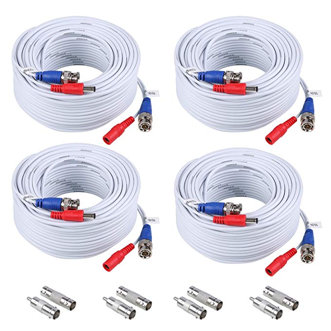 ANNKE (4) 30M/100ft All-in-One BNC Video Power Cables, BNC Extension Wire Cord for CCTV Camera DVR Security System (4-Pack, White)