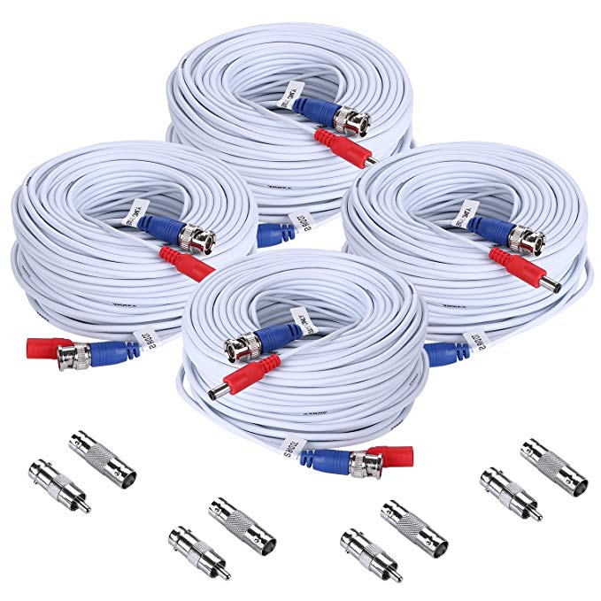 SANNCE 4-Pack 100ft BNC Video and Power Security Camera Cable with BNC Connectors and RCA Adapters For CCTV Camera System (White)