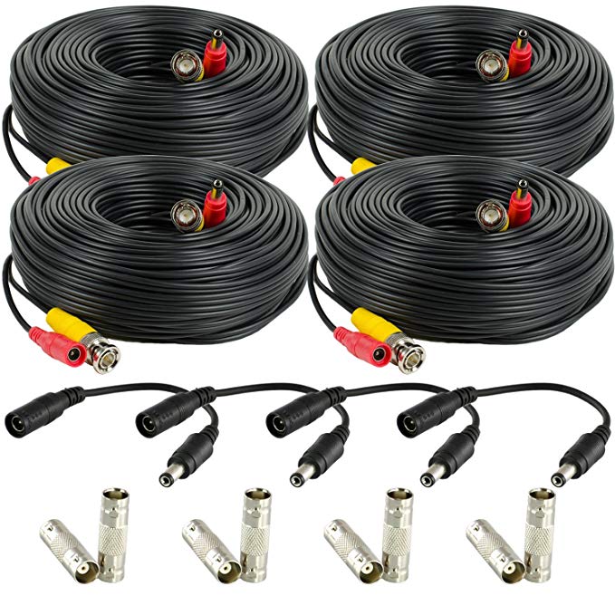 Amcrest 4-Pack 100 Feet Pre-Made All-in-One Siamese BNC Video and Power CCTV Security Camera Cable with Two Female Connectors for 960H & HD-CVI Camera and DVR (SCABLEHD100B-4pack)