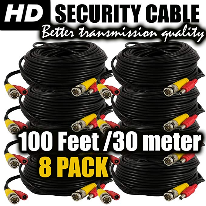 BNC cable 100ft camera power cord and video extension ventech cctv supply security wire ( 8 pack ) bnc-bnc connector 100 feet surveillance support all: Analog, hd, AHD, 720p, 960p, 960h, cvi, tvi