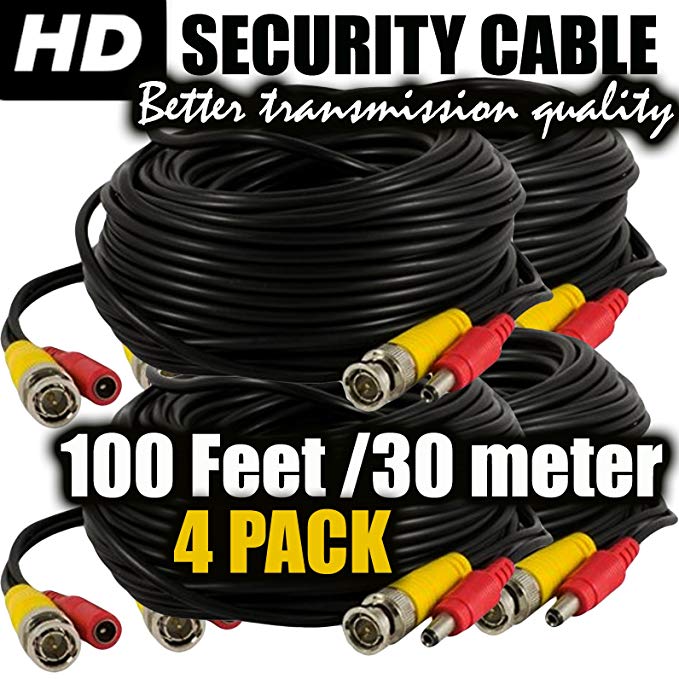 BNC cable 100ft camera power cord and video extension ventech cctv supply security wire ( 4 pack ) bnc-bnc connector 100 feet surveillance support all: Analog, hd, AHD, 720p, 960p, 960h, cvi, tvi