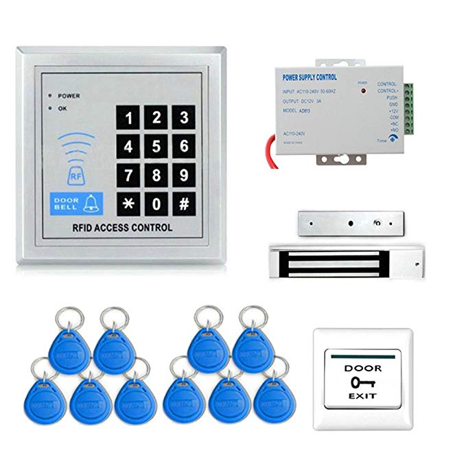 Full RFID Door Access Control System Kit Set (180kg 350LB Electric Magnetic Lock + Armature Faceplate + Access Control Power Supply + Push Release Button + Proximity Door Entry keypad + 10 Key Fobs)