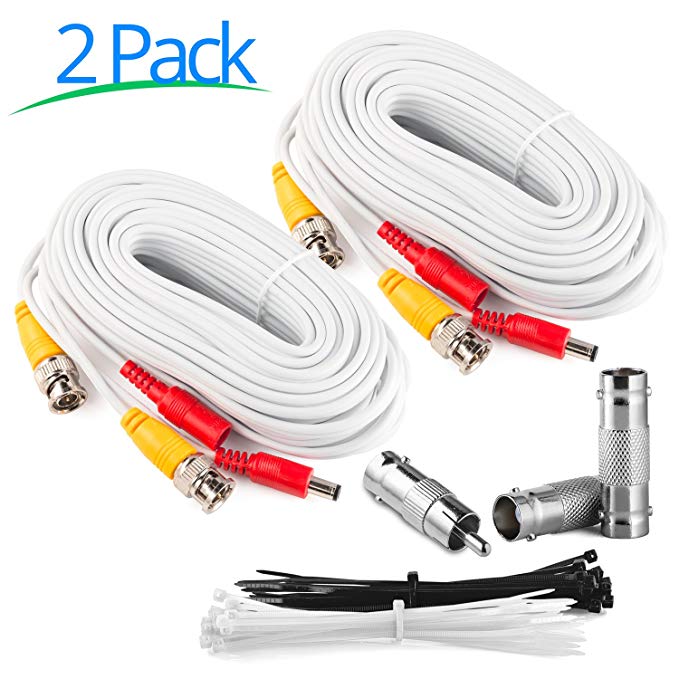 Maximm Pack of 2 BNC 25 Feet Cable Security Camera Kit: All In One CCTV DVR Video & Power Flat Cable Set - DC Male, DC Female To BNC Electronics Adapter Accessories