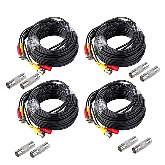 CANAVIS BNC Cable 59ft 2 in 1 Video Power Cable with BNC Connectors RCA Adapters Wires for CCTV Security Cameras 4 Pack Black