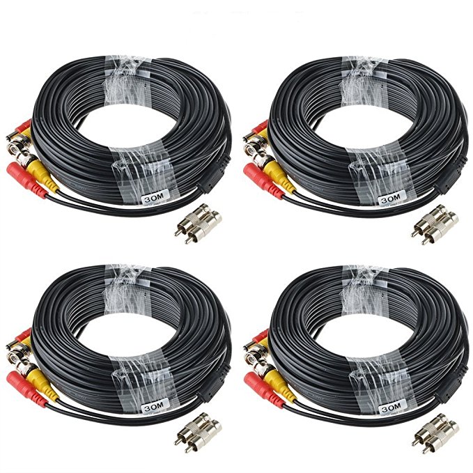 ABLEGRID® 4 PACK 100ft bnc video power cable security camera wire cord for cctv dvr surveillance system (included 2x BNC to RCA connectors with each cable)