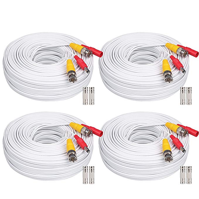 WildHD 4x200ft BNC Cable All-in-One Siamese Video and Power Security Camera Cable Extension Wire Cord with 2 Female Connetors for All HD CCTV DVR Surveillance System (200ft 4pack Cable, White)