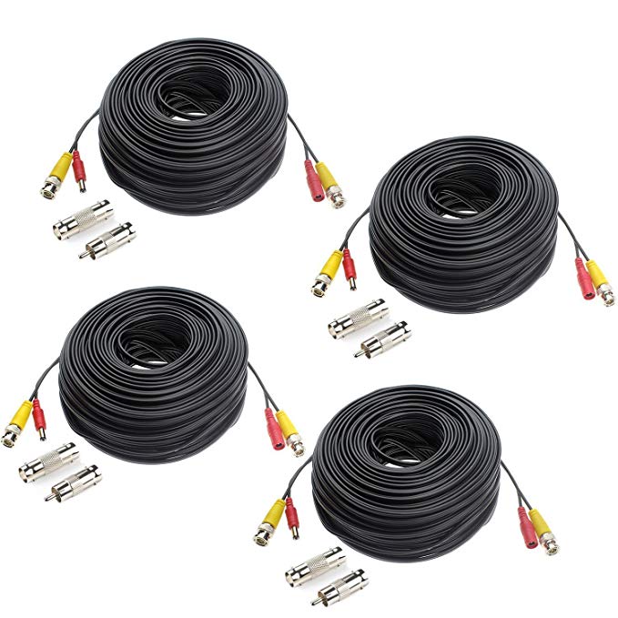 Hykamic 4 Pack 150ft BNC Video Power Cable Security Camera Wire Cord for CCTV DVR Surveillance System, Support 1080P Security Cameras Systems, Made by Pure Copper