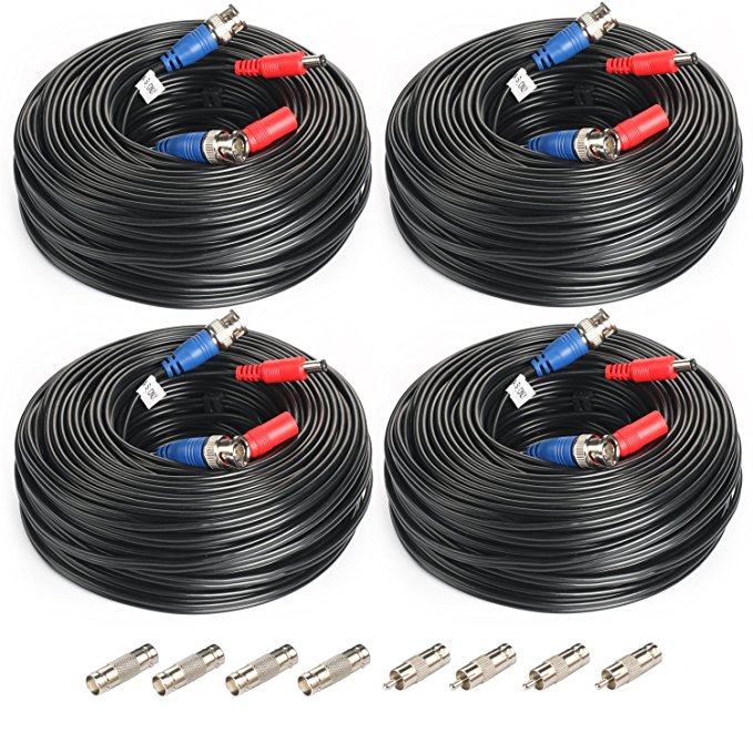 SHD 4Pack 100Feet BNC Vedio Power Cable Pre-Made Al-in-One Camera Video BNC Cable Wire Cord for Surveillance CCTV Security System With Connectors(BNC Female and BNC to RCA)