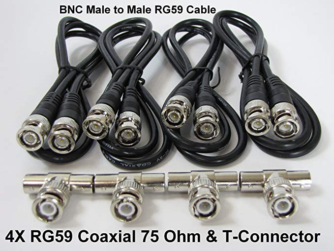 RG59 BNC Male to Male Coaxial Jumper Cable RG59 75 ohm 3ft 4 BNC Cable & 4 T Connector For Security Camera System